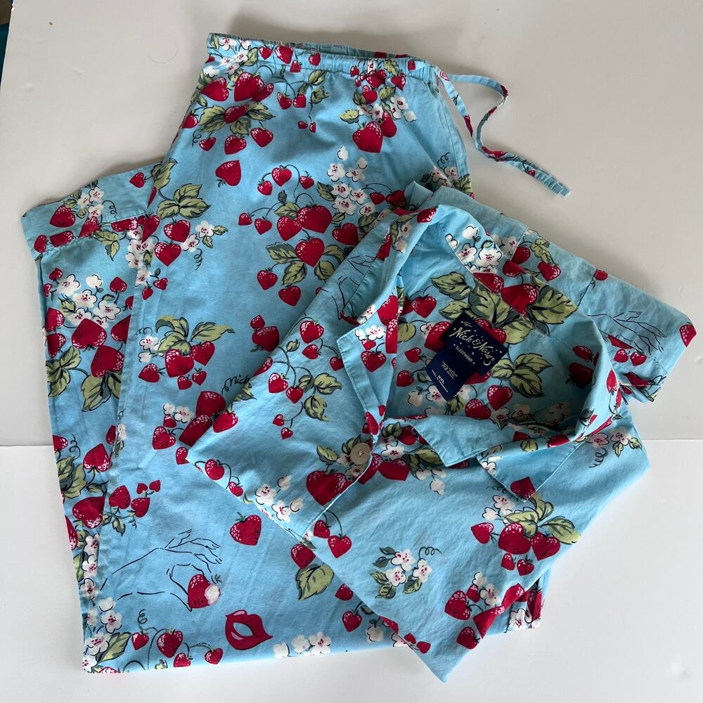 Nick & Nora Strawberry Pajama Set XXL Cotton Button Front Y2K Sleepwear